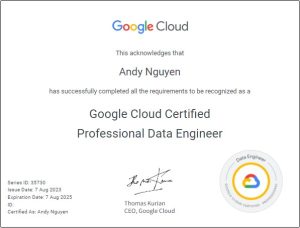This acknowledges that Andy Nguyen has successfully completed all the requirements to be recognized as a Google Cloud Certified Professional Data Engineer