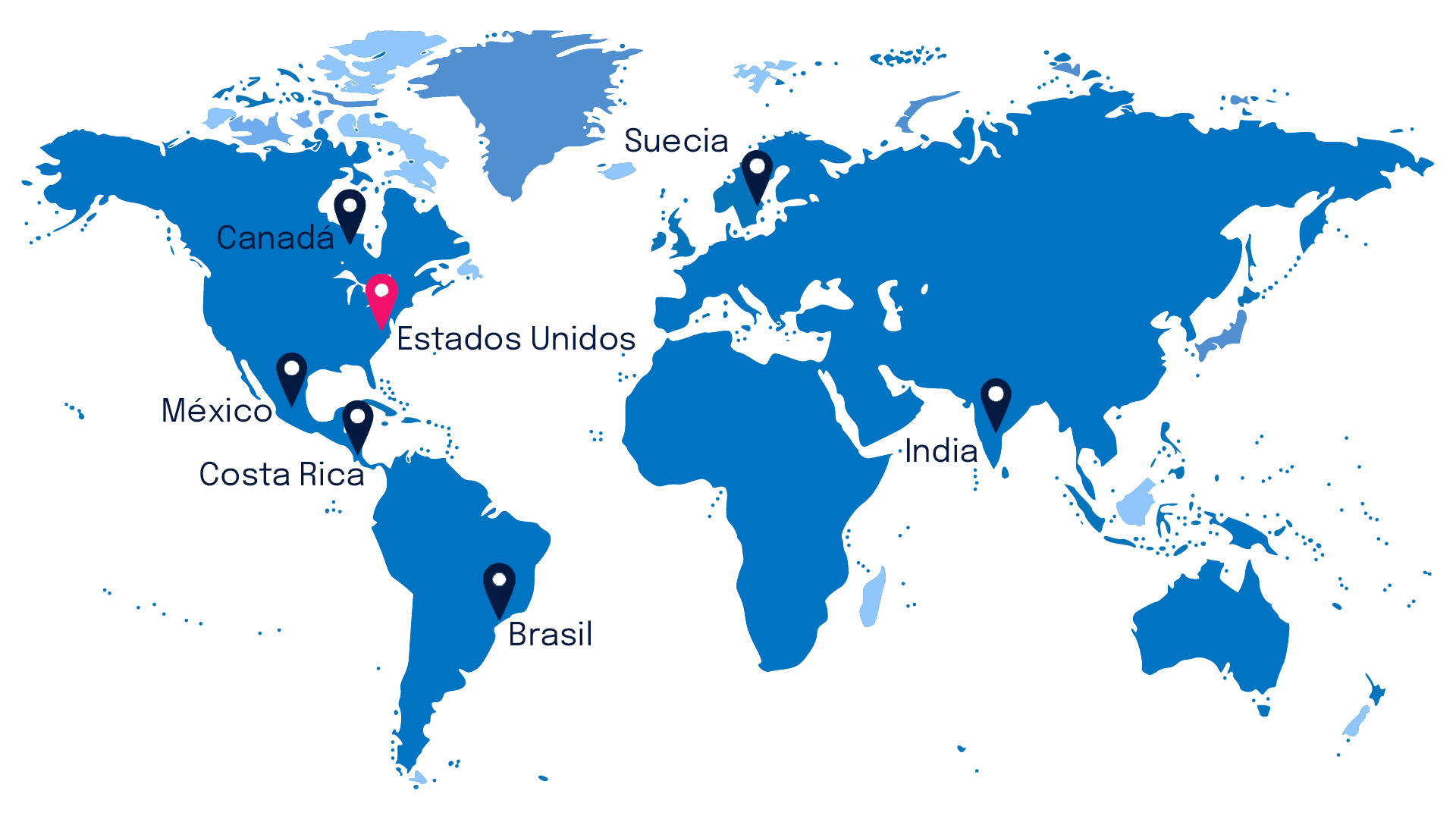 Mapa de oficinas de Congero (Canadá, Estados Unidos, México, Costa Rica, Brasil, Suiza, India.